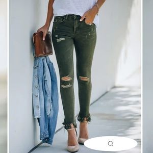 Vervet denim- olive green skinny Jean with distressed knees and frayed hems